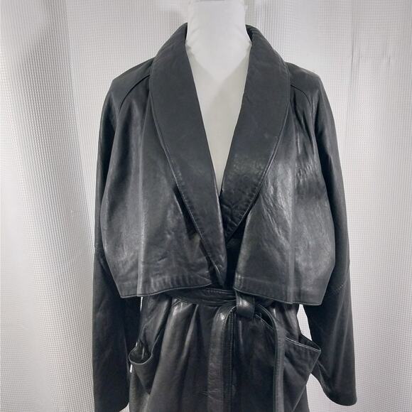 G-III LEATHER! GORGEOUS BLACK GENUINE LEATHER FULL LENGTH TRENCH COAT! SZ M - Picture 4 of 14